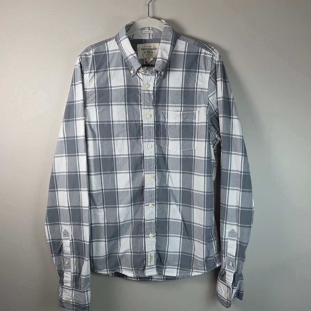 Abercrombie & Fitch Button Down Mens XXL Grey Good Muscle Fit Plaid Shirt